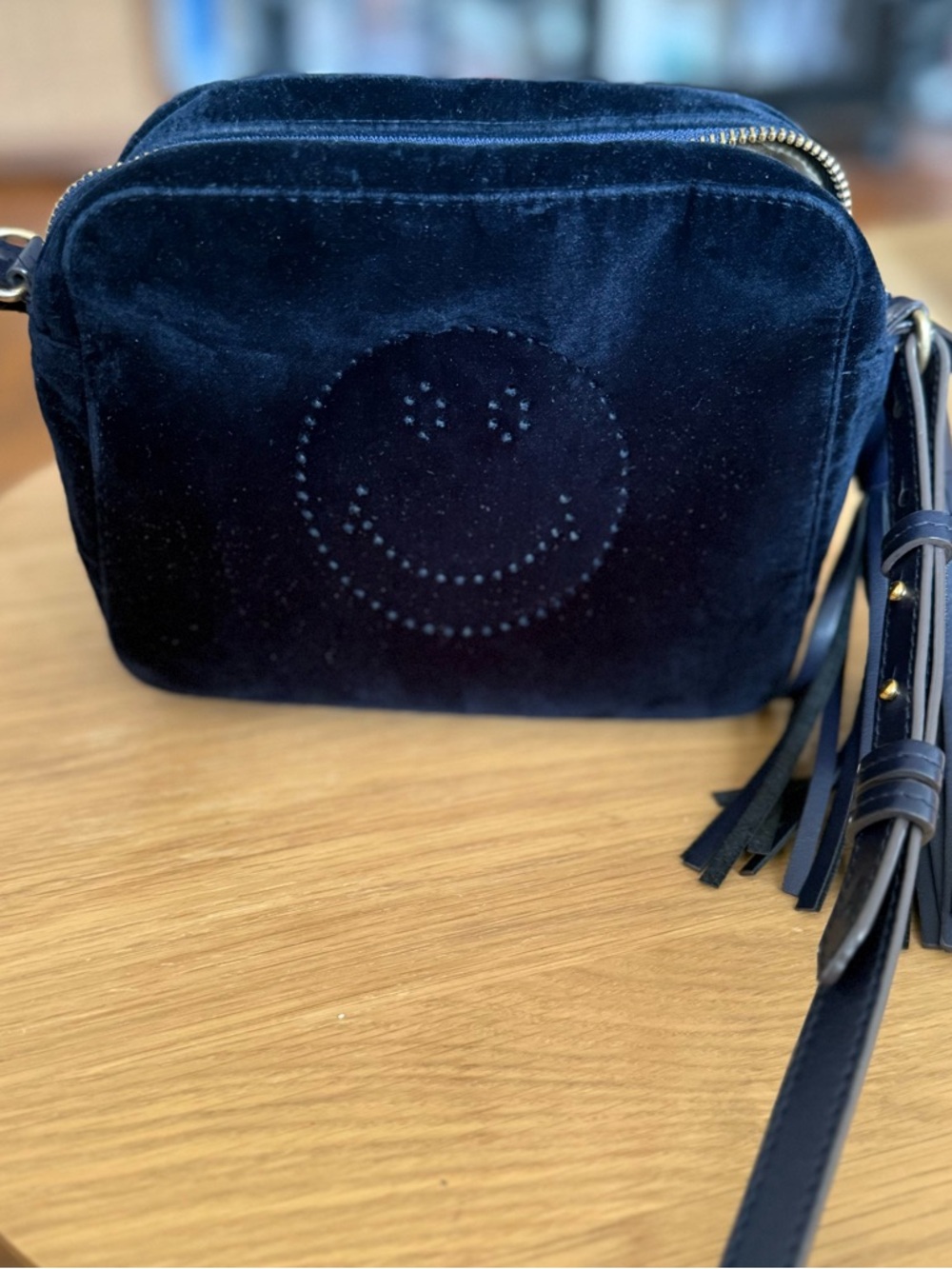 Anya Hindmarch Navy Velvet Smiley Crossbody Bag with Tassel